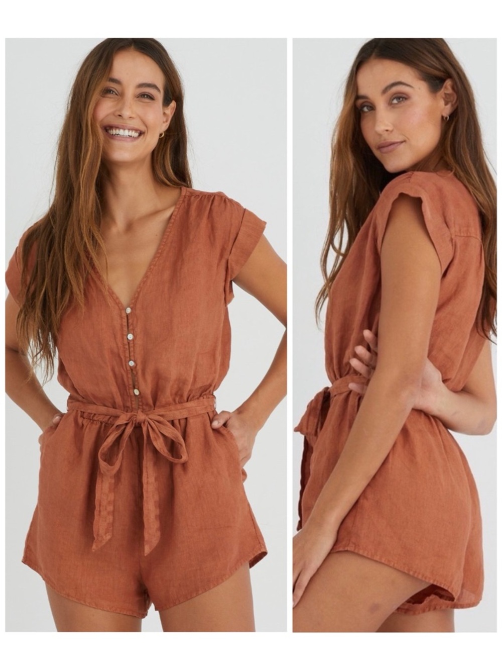Bella Dahl USA Cap Sleeve Linen Romper In Orange Rich Sienna Large Boho Resort